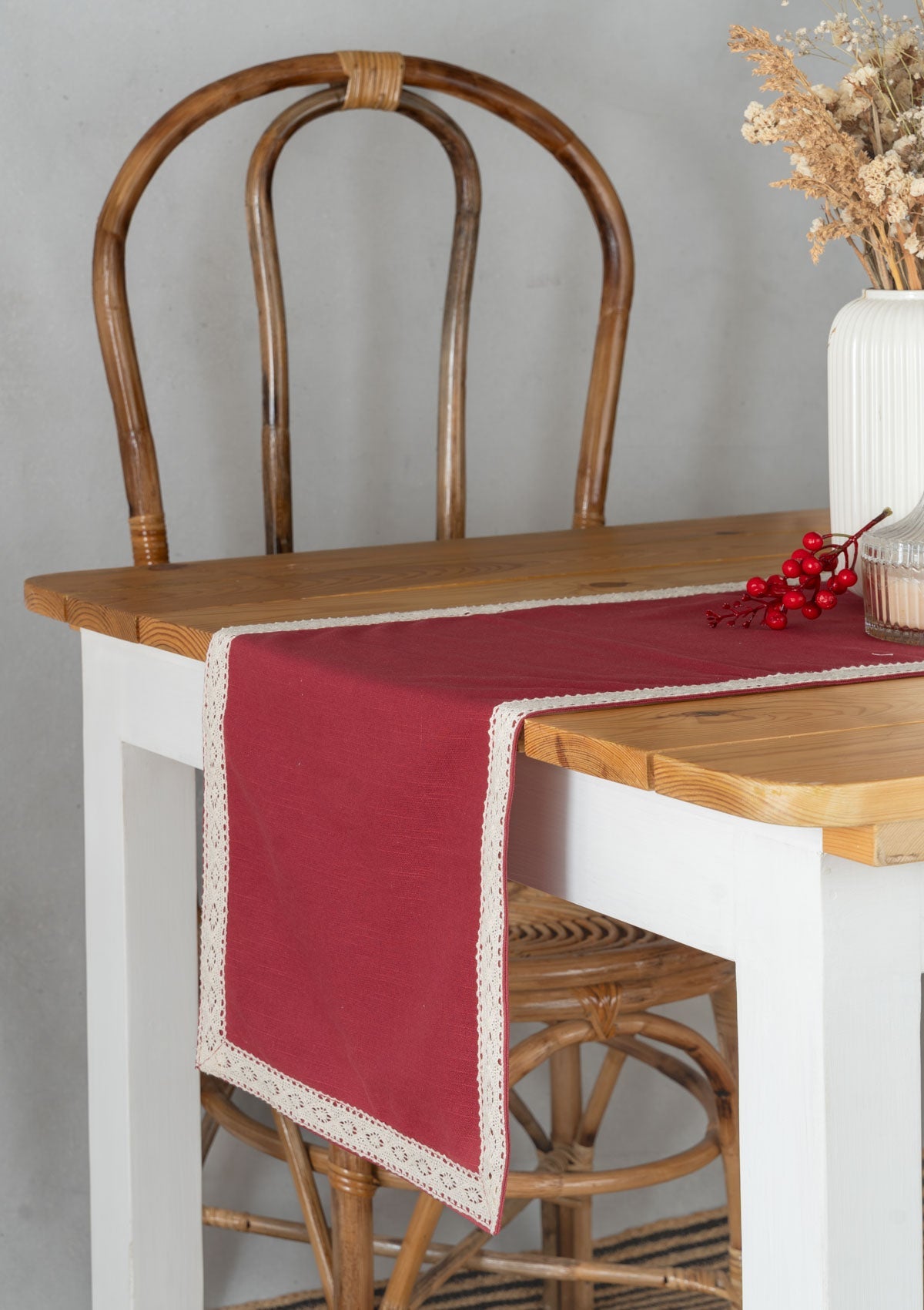 Solid Wine Red 100% cotton plain table runner for 4 seater or 6 seater dining with lace boarder