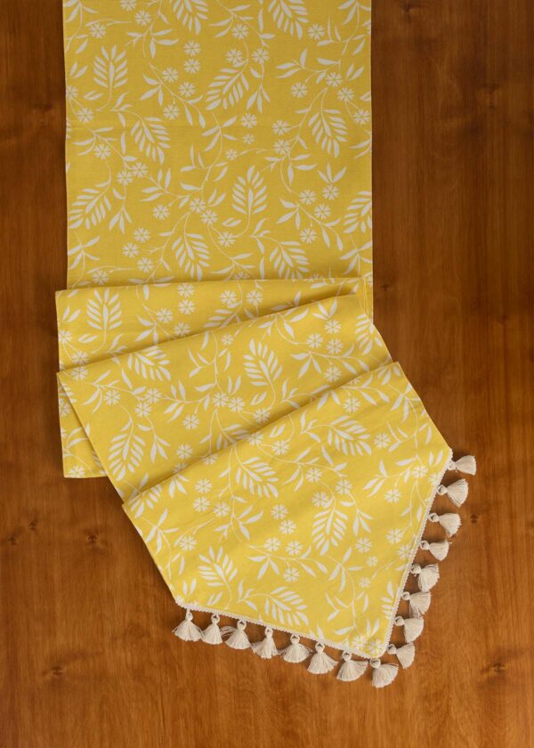 Yellow Daisy 100% cotton floral table runner for 4 seater or 6 seater Dining with tassels - Yellow